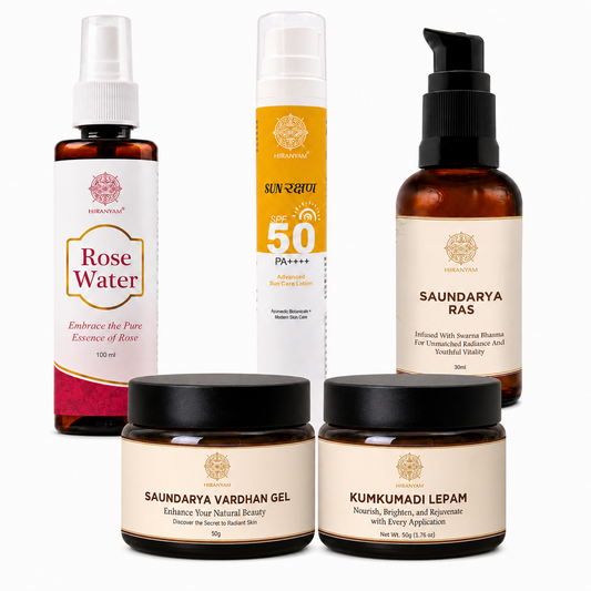Rose Water + Saundarya Vardhan Gel + SunRakshan + Saundarya Ras + Kumkumadi Lepam