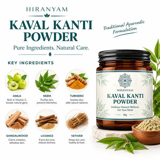 Kaval Kanti Powder jar with herbal ingredients, including amla, neem, turmeric; labeled "Pure Ingredients. Natural Care."