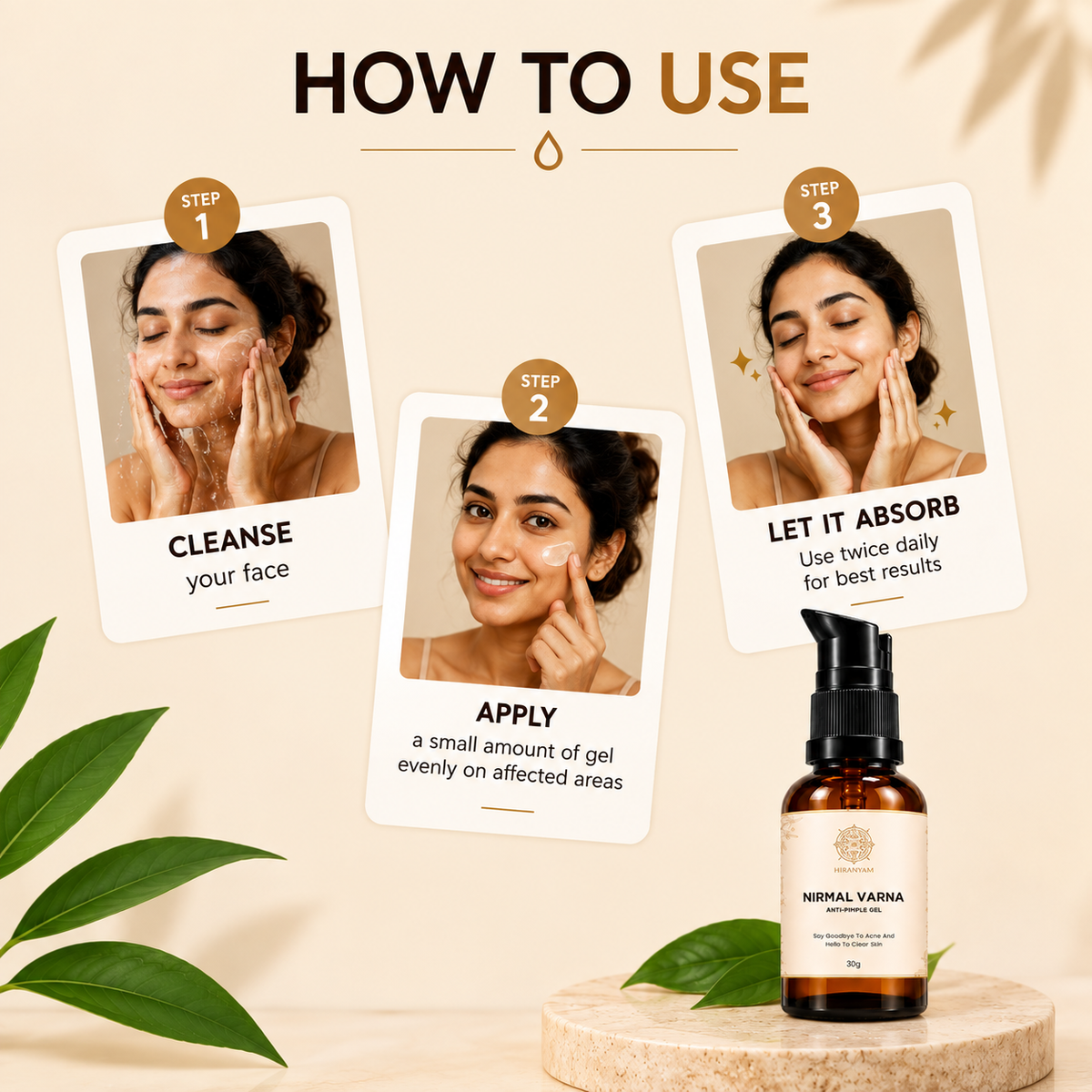 Nirmal Varna Anti-Pimple Gel usage guide with illustrated skincare steps; cleanse, apply, absorb.