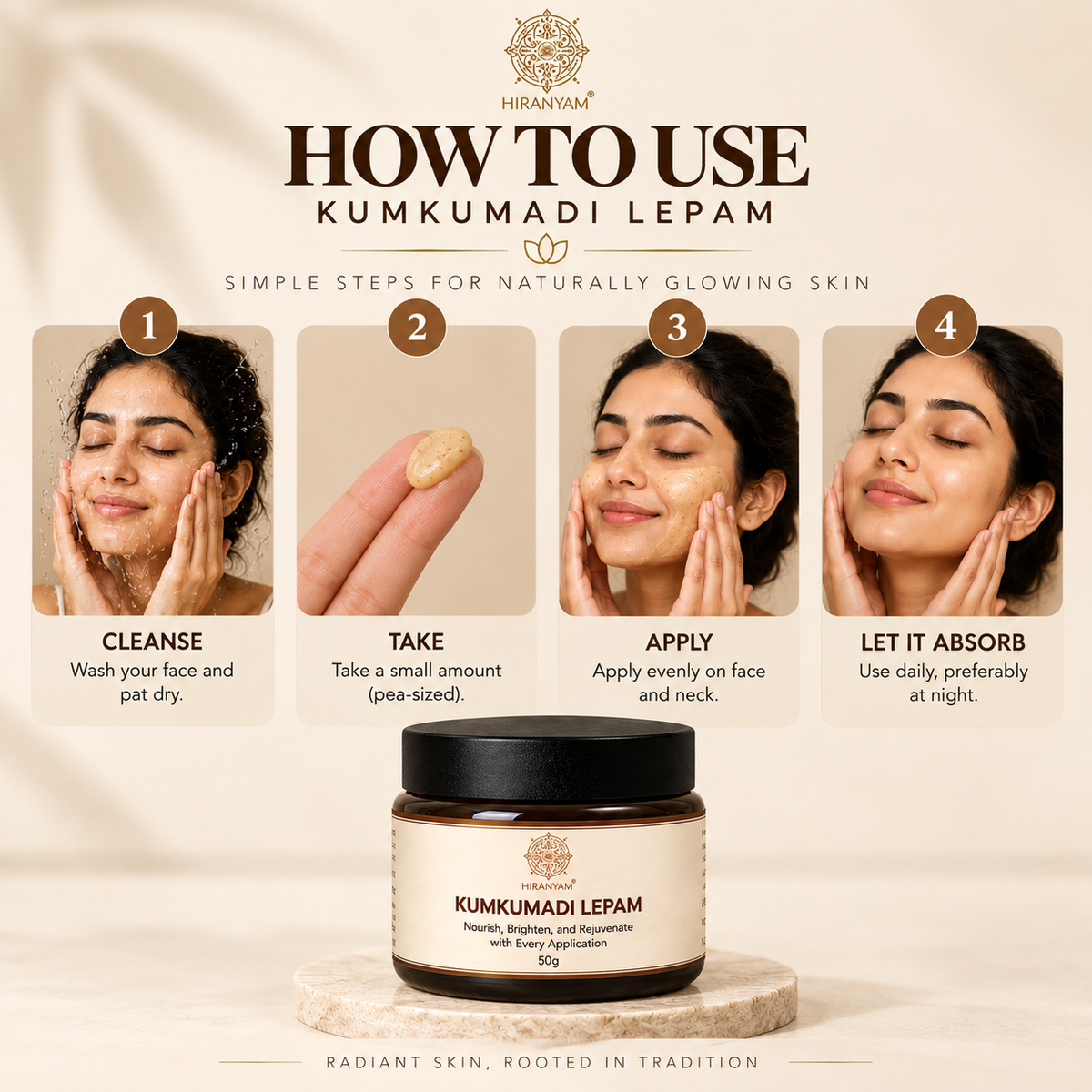 Kumkumadi Lepam Face Cream in a 50g jar with saffron and niacinamide, shown with usage instructions.