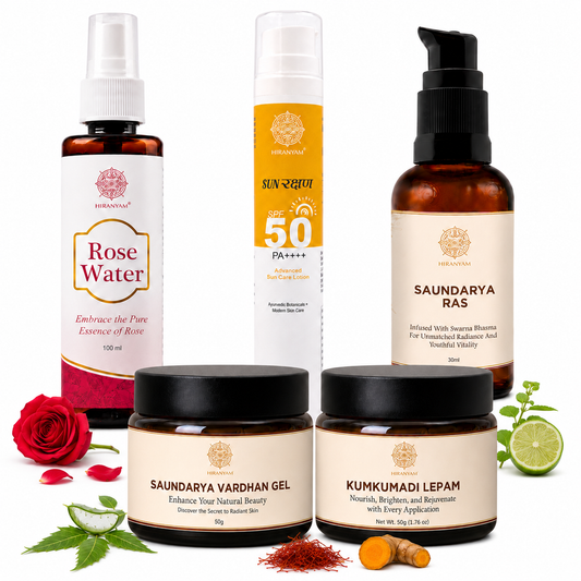 Rose Water + Saundarya Vardhan Gel + SunRakshan + Saundarya Ras + Kumkumadi Lepam