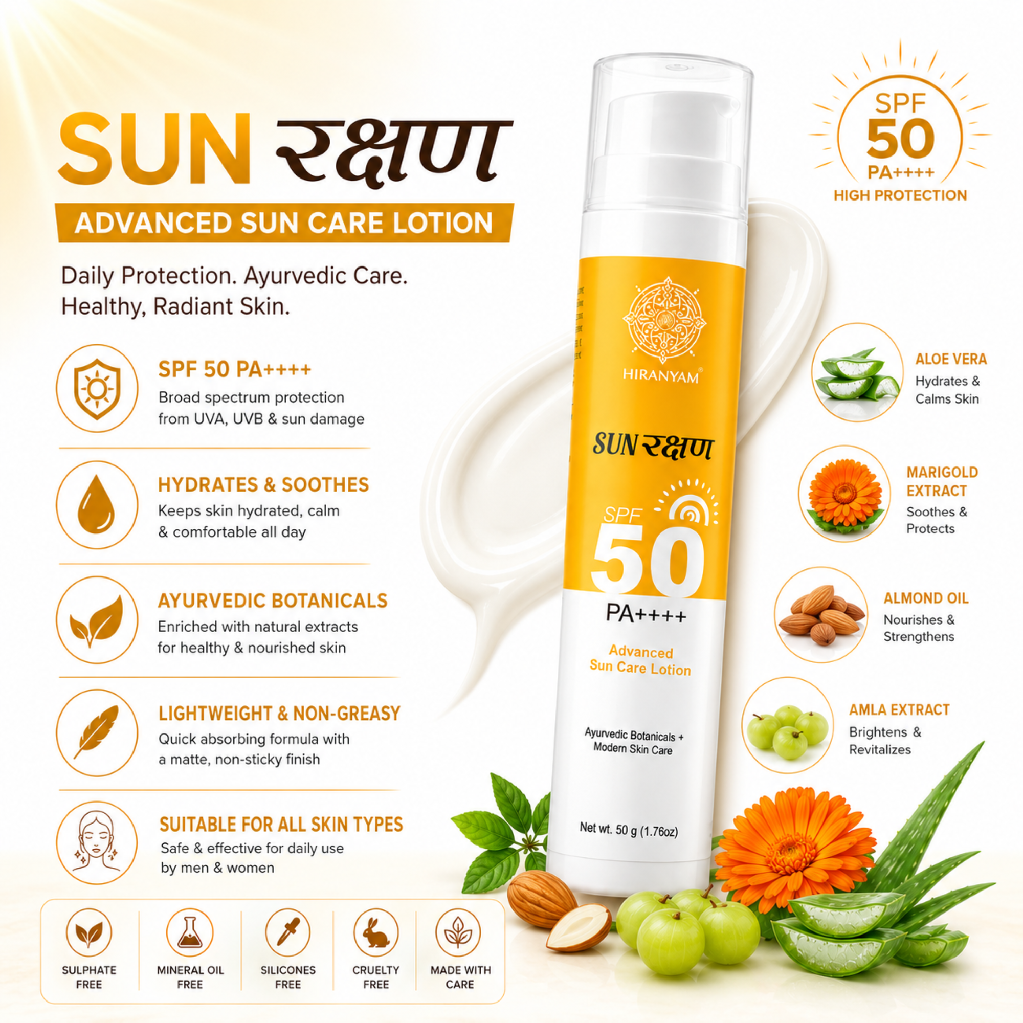 Sunrakshan Advanced Sun Care Lotion Sunscreen SPF 50 PA++++ | Sunscreen for Men & Women with Ayurvedic Botanicals & Natural Extracts | Lightweight Non Greasy Sun Protection, All Skin Types, 50g