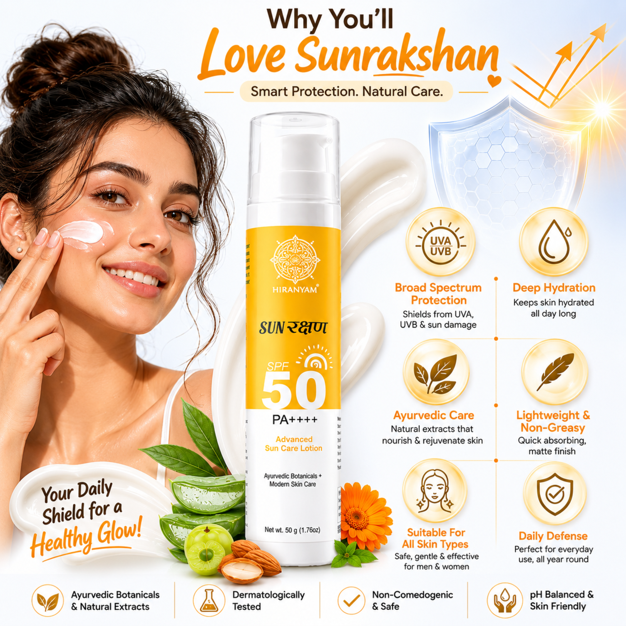 Sunrakshan Advanced Sun Care Lotion Sunscreen SPF 50 PA++++ | Sunscreen for Men & Women with Ayurvedic Botanicals & Natural Extracts | Lightweight Non Greasy Sun Protection, All Skin Types, 50g