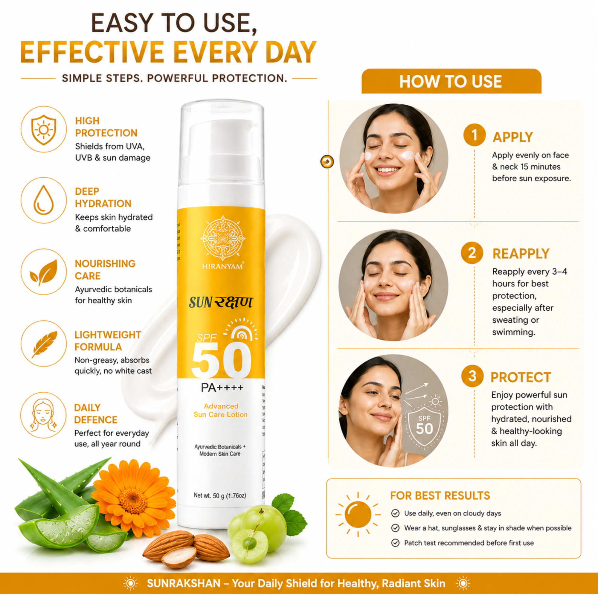 Sunrakshan Advanced Sun Care Lotion Sunscreen SPF 50 PA++++ | Sunscreen for Men & Women with Ayurvedic Botanicals & Natural Extracts | Lightweight Non Greasy Sun Protection, All Skin Types, 50g