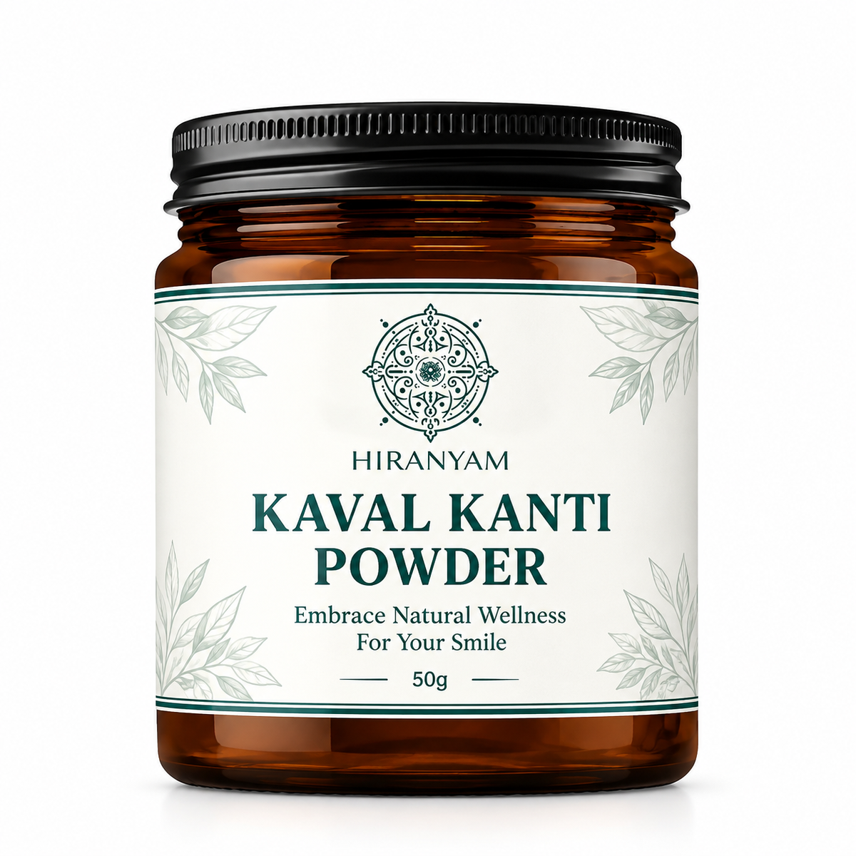 Kaval Kanti Powder in amber jar with black lid, floral label design, 50g, Ayurvedic herbal tooth powder.