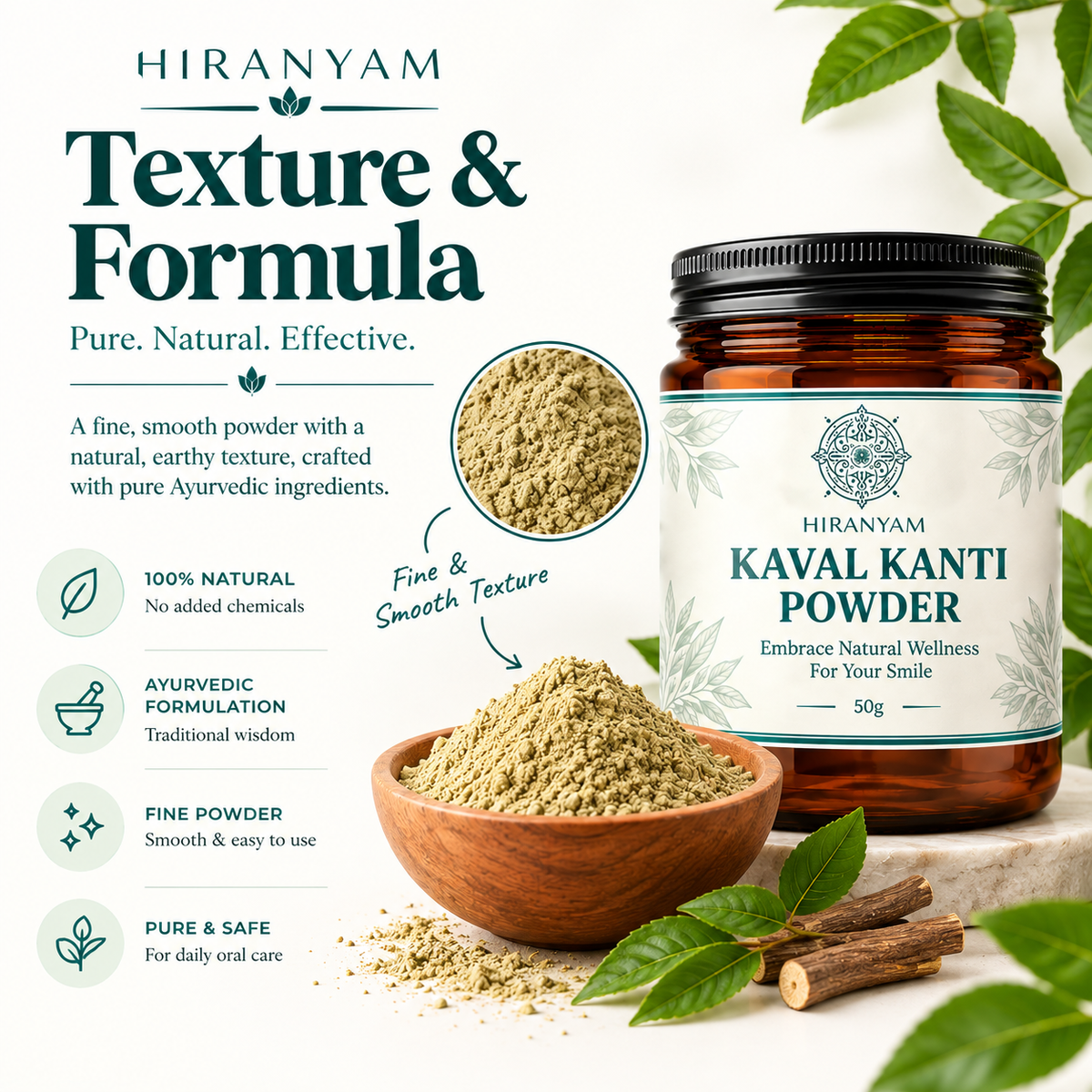 Kaval Kanti Powder herbal tooth powder in 50g jar, earthy texture, surrounded by lush greenery on white background.