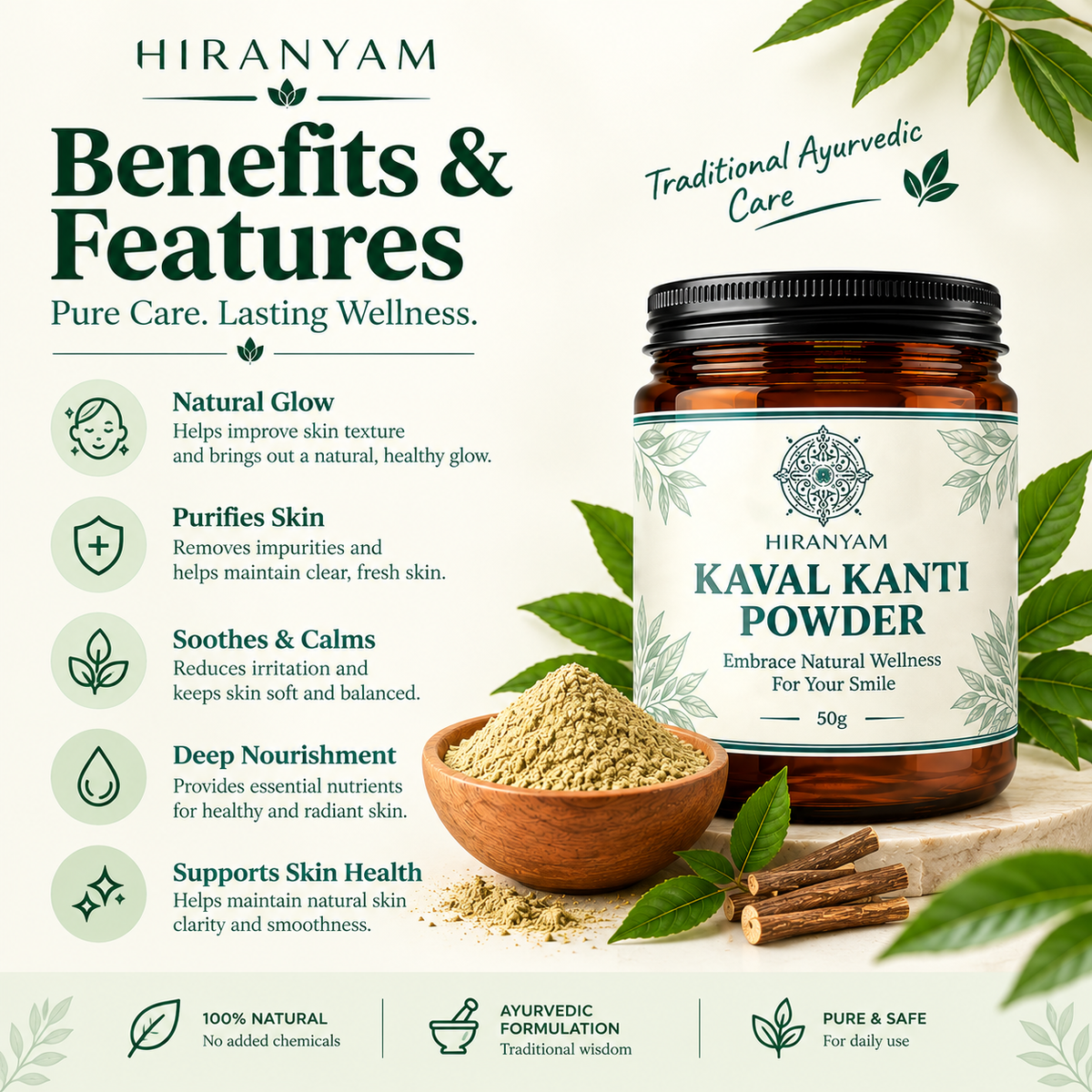 Kaval Kanti Powder in a 50g jar with herbal blend, surrounded by natural ingredients, promoting Ayurvedic care.
