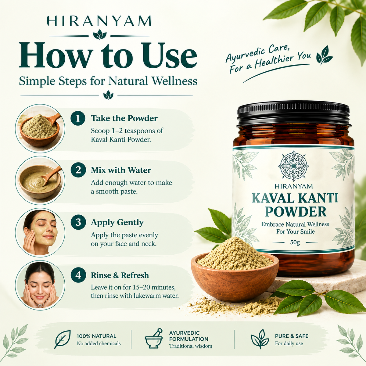 Kaval Kanti Powder jar in a natural setting with herbal elements, emphasizing Ayurvedic oral care benefits.