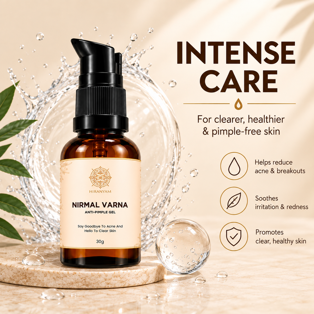 Nirmal Varna Anti-Pimple Gel in amber pump bottle with label, surrounded by water droplets and natural elements.