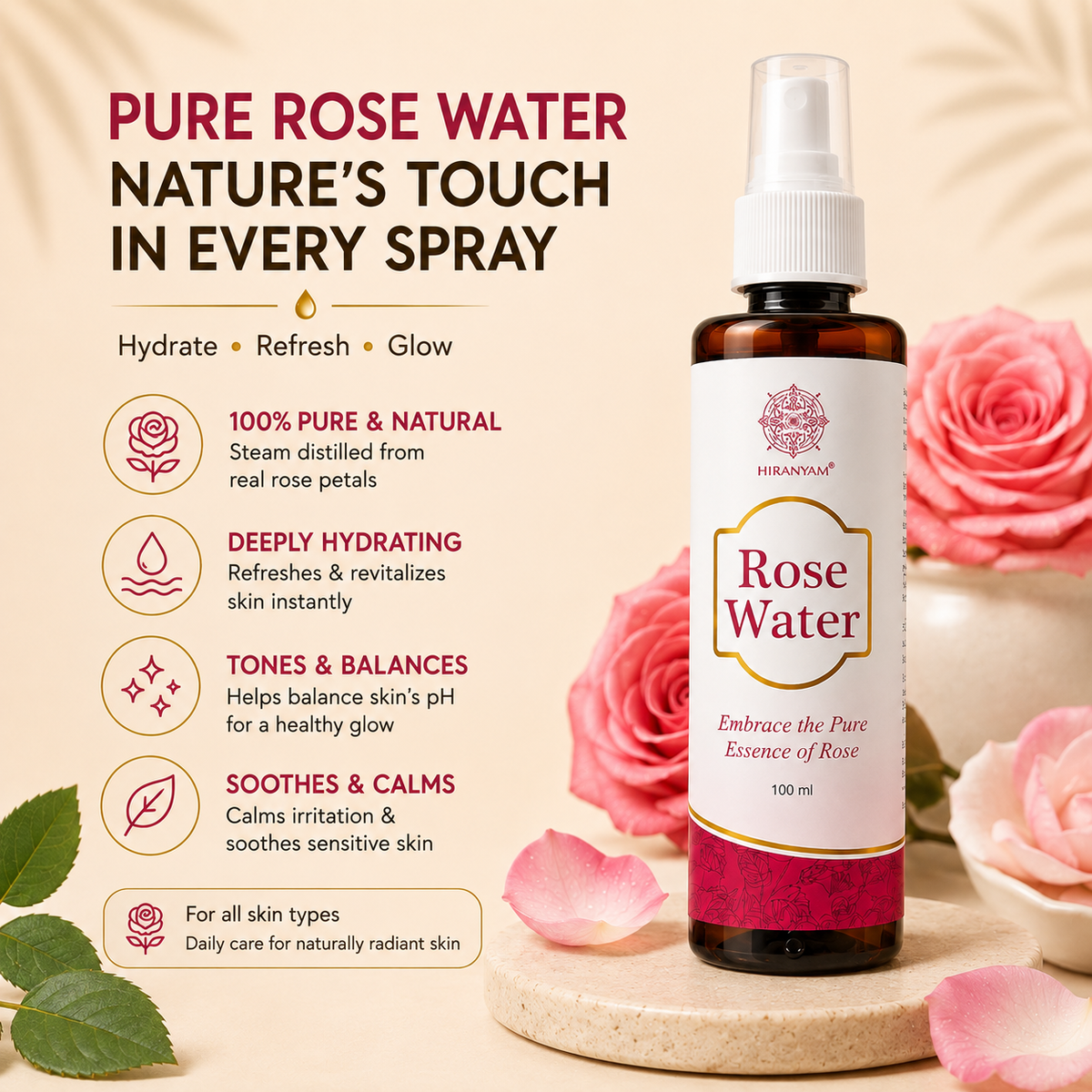 Hiranyam Rose Water for Face | Rose Mist Toner