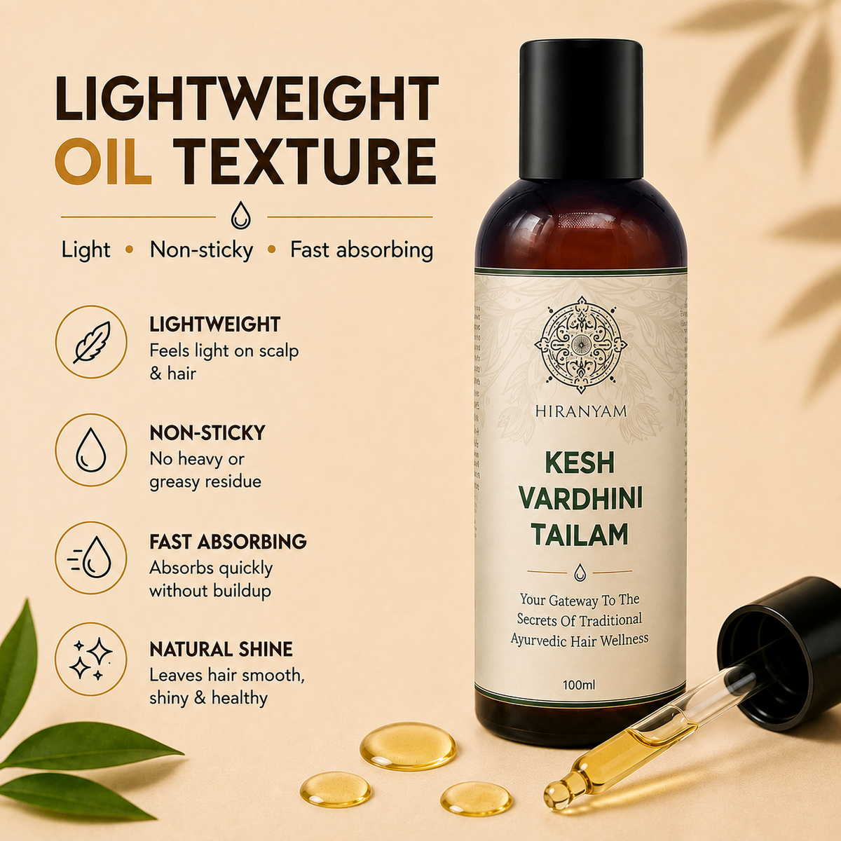 Kesh Vardhini Ayurvedic Hair Oil bottle, 100ml, with label detailing lightweight, non-sticky texture, surrounded by herbs.