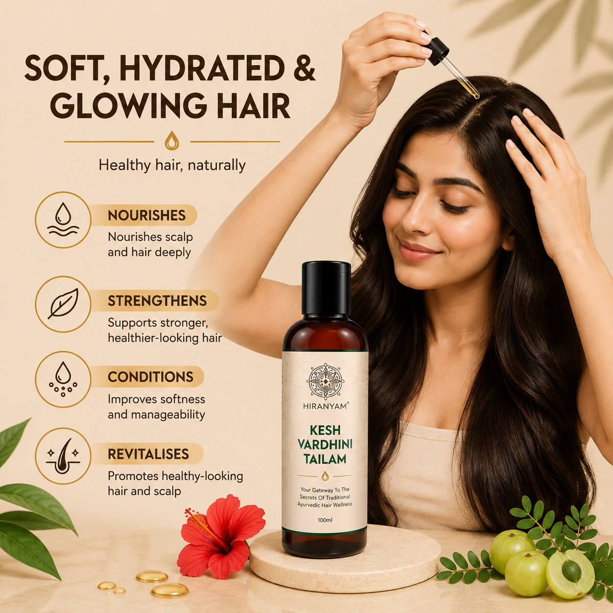 Kesh Vardhini Ayurvedic Hair Oil, 100ml bottle with dropper cap, shown in a woman's hair care routine.