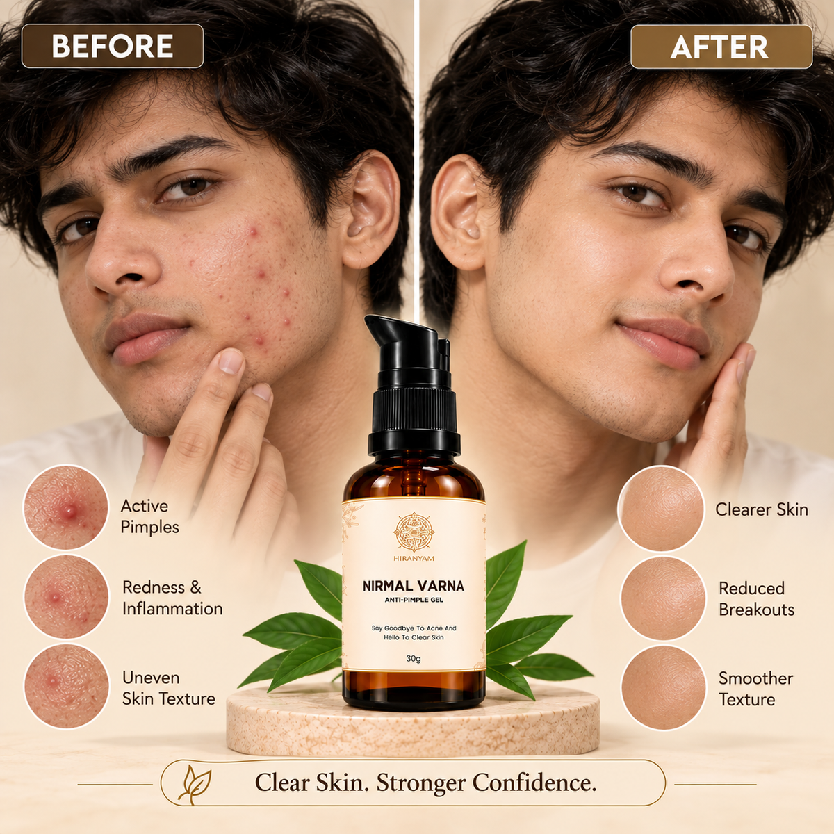 Nirmal Varna Anti-Pimple Gel bottle with Ayurvedic herbs and before/after images for acne treatment.