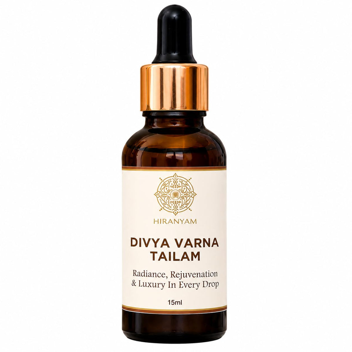 Divya Varna Tailam Ayurvedic Face Oil, amber bottle with dropper, gold and black cap, 15ml.