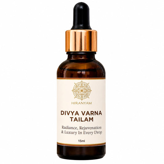 Divya Varna Tailam Ayurvedic Face Oil, amber bottle with dropper, gold and black cap, 15ml.