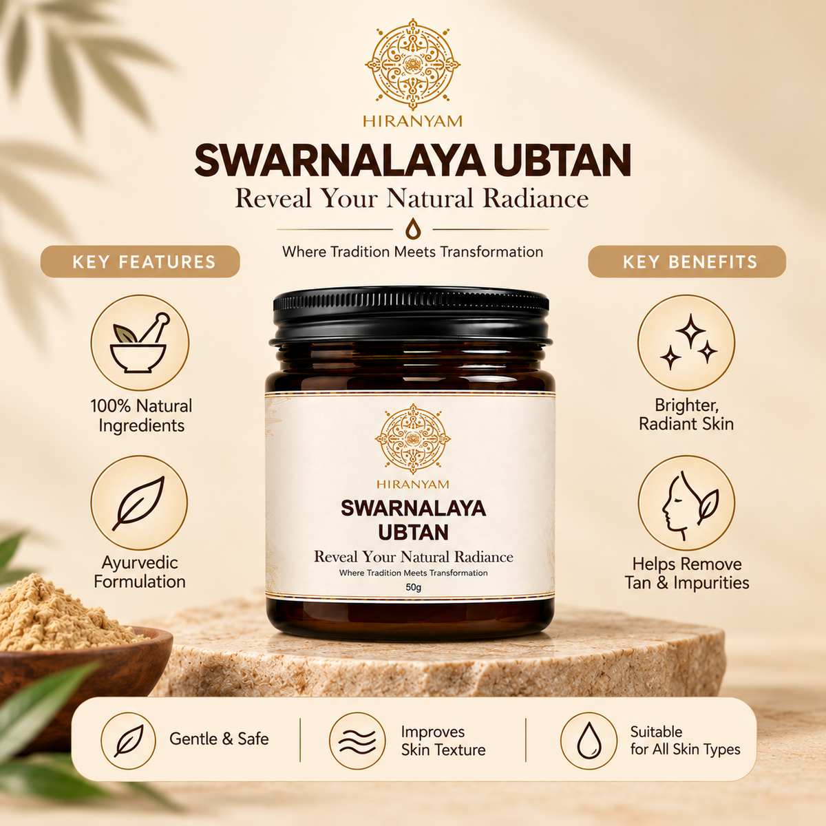 Swarnalaya Ubtan jar on a wooden surface with decorative leaves; highlights Ayurvedic features and benefits.