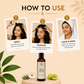 Kesh Vardhini Ayurvedic Hair Oil 100ml bottle, with 27 herbs, on a beige background with steps illustration.