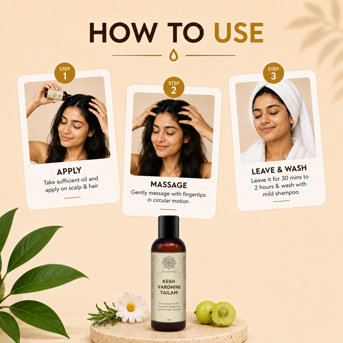 Kesh Vardhini Ayurvedic Hair Oil 100ml bottle, with 27 herbs, on a beige background with steps illustration.