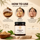 Swarnalaya Ubtan jar surrounded by ingredients; smiling woman applying on face; step-by-step usage guide.