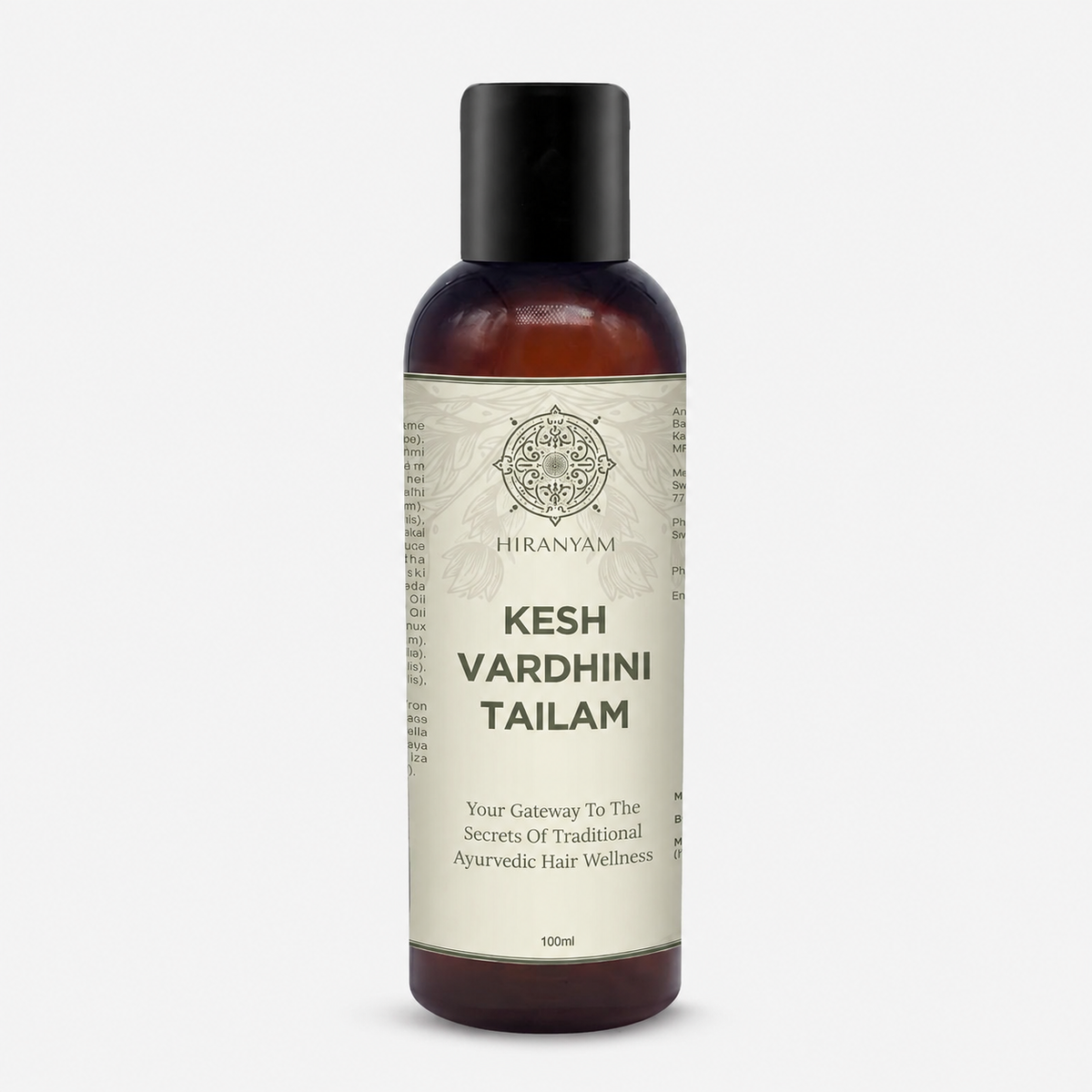 Kesh Vardhini Ayurvedic Hair Oil in 100ml bottle, dark amber plastic with cream label and black cap.