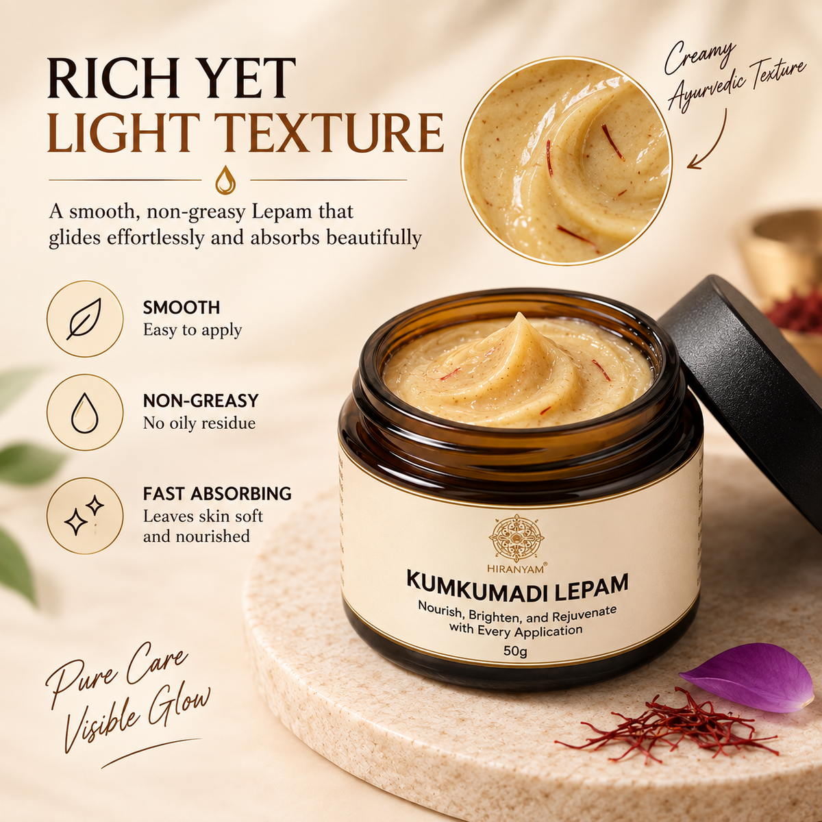 Kumkumadi Lepam Face Cream in a jar with saffron, creamy Ayurvedic texture, and herbal ingredients.
