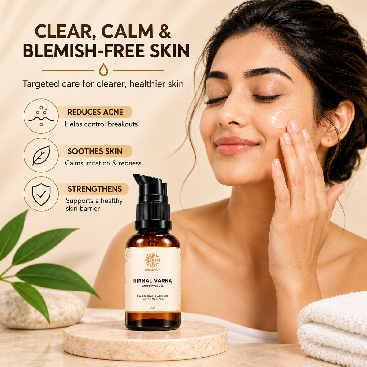 Nirmal Varna Anti-Pimple Gel bottle with pump applicator, next to a woman applying gel, spa-like setting.