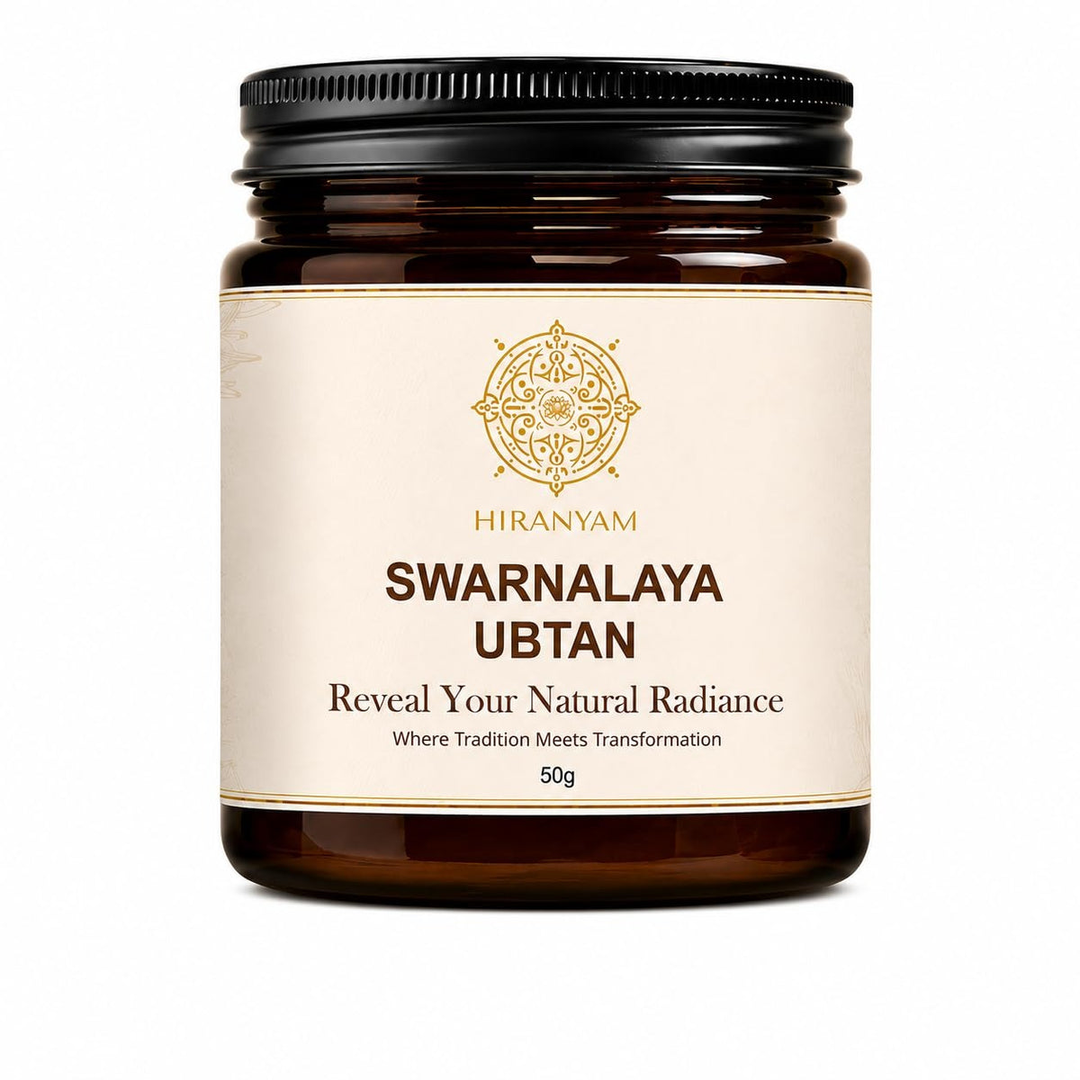 Swarnalaya Ubtan Ayurvedic Face & Body Ubtan in dark amber jar with gold detailing, 50g.