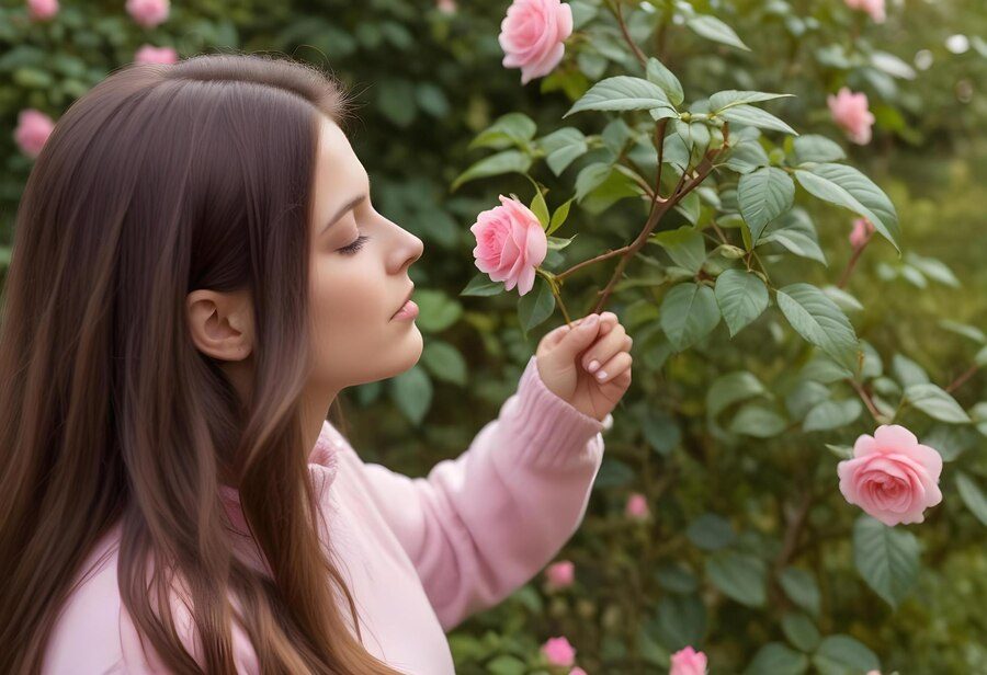 woman-holds-flower-front-bush-with-pink-shirt-that-says-shes-holding-it_879115-2028